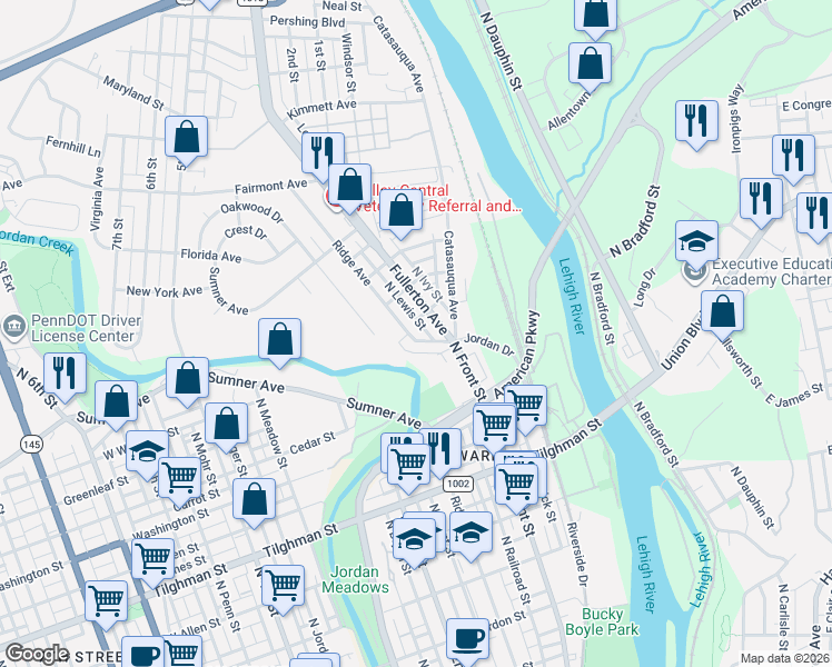 map of restaurants, bars, coffee shops, grocery stores, and more near 1035 Ridge Avenue in Allentown