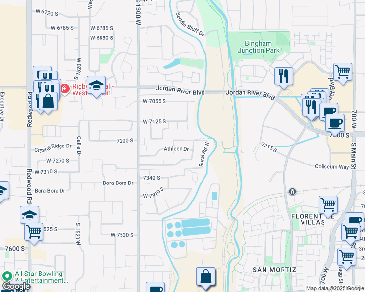 map of restaurants, bars, coffee shops, grocery stores, and more near 1146 Athleen Drive in West Jordan