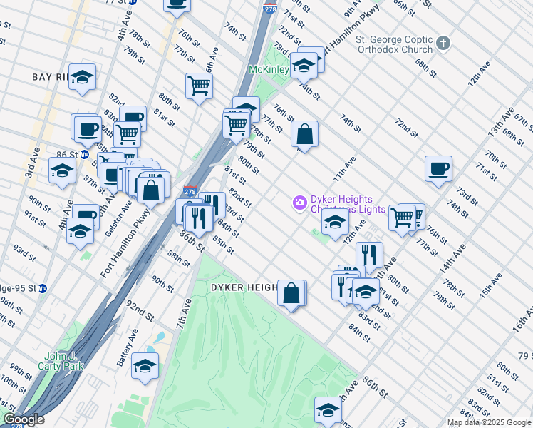map of restaurants, bars, coffee shops, grocery stores, and more near 1021 82nd Street in Brooklyn