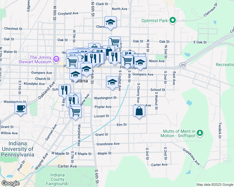 map of restaurants, bars, coffee shops, grocery stores, and more near 205 South 5th Street in Indiana