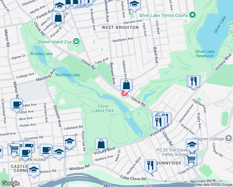 map of restaurants, bars, coffee shops, grocery stores, and more near 966R Clove Road in Staten Island
