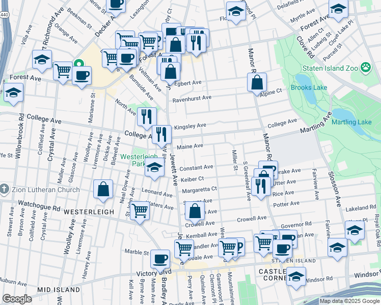 map of restaurants, bars, coffee shops, grocery stores, and more near 12 Virginia Place in Staten Island