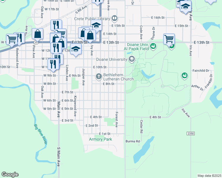 map of restaurants, bars, coffee shops, grocery stores, and more near 706 Grove Avenue in Crete