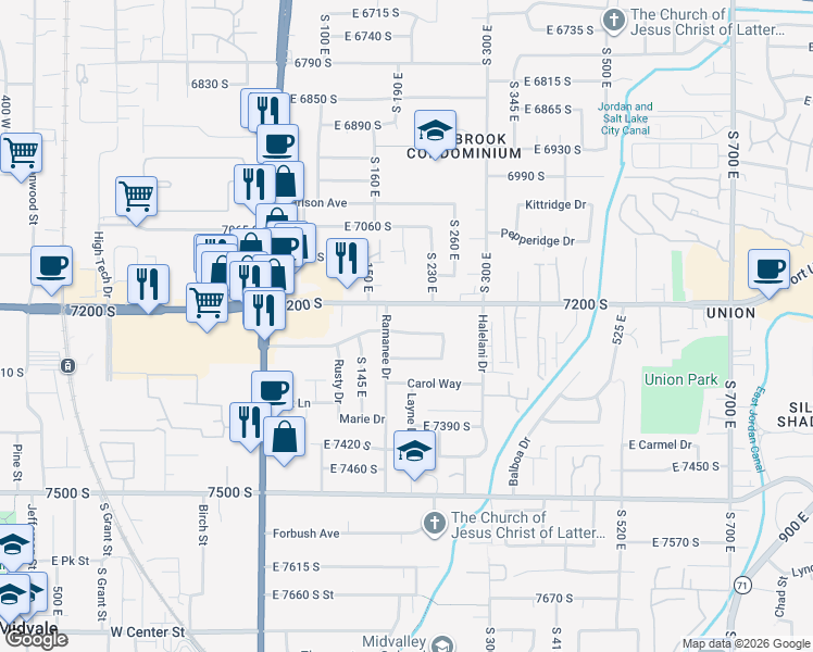 map of restaurants, bars, coffee shops, grocery stores, and more near 201 Nicoletti Drive in Midvale