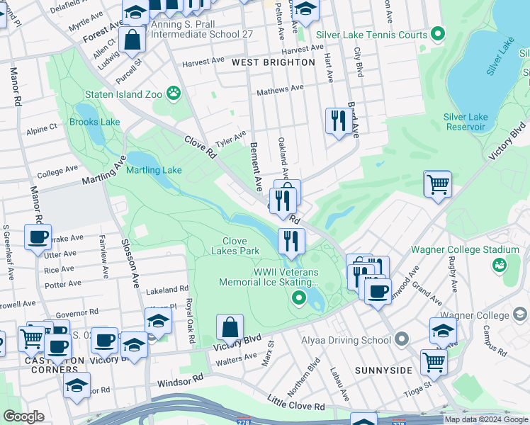 map of restaurants, bars, coffee shops, grocery stores, and more near 966R Clove Road in Staten Island