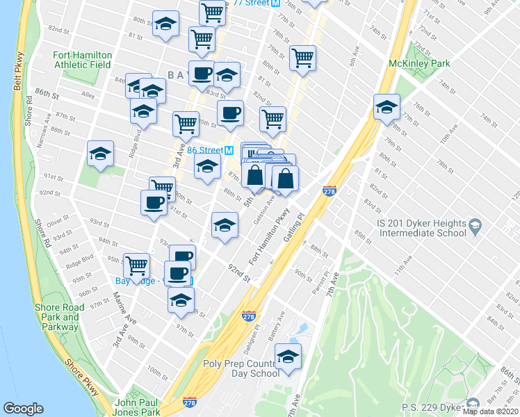 map of restaurants, bars, coffee shops, grocery stores, and more near 521 88th Street in Brooklyn