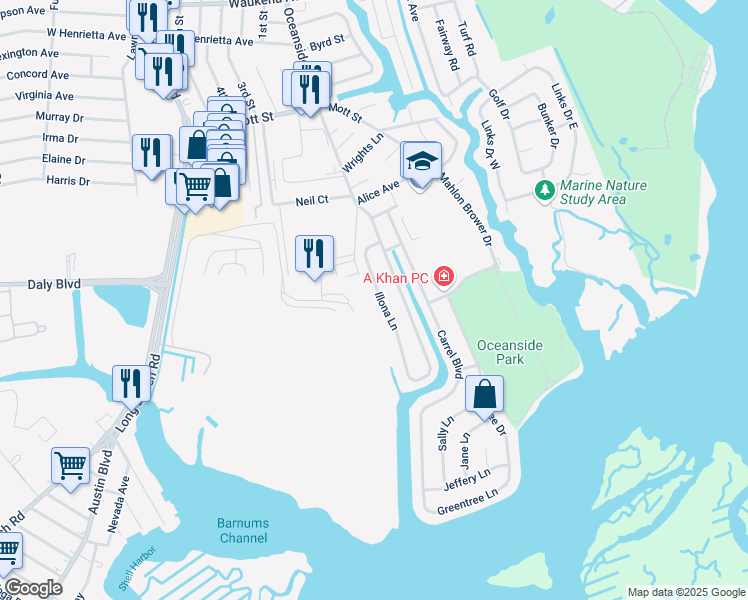 map of restaurants, bars, coffee shops, grocery stores, and more near 3736 Illona Lane in Oceanside