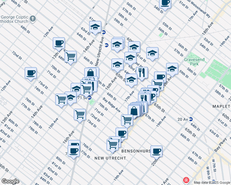 map of restaurants, bars, coffee shops, grocery stores, and more near 1637 67th Street in Brooklyn