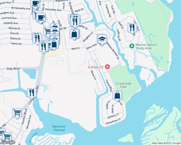 map of restaurants, bars, coffee shops, grocery stores, and more near 3736 Illona Lane in Oceanside