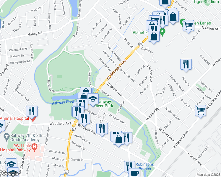 map of restaurants, bars, coffee shops, grocery stores, and more near 774 West Scott Avenue in Rahway