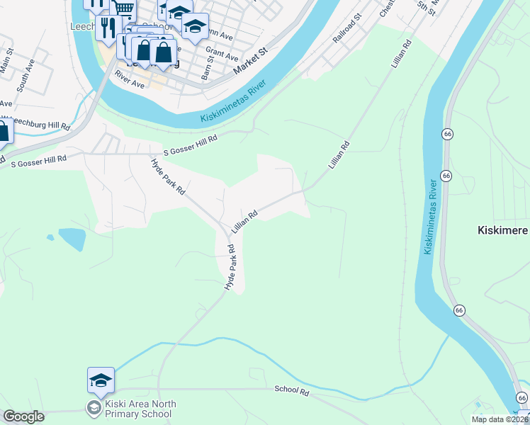 map of restaurants, bars, coffee shops, grocery stores, and more near 154 Lillian Road in Leechburg