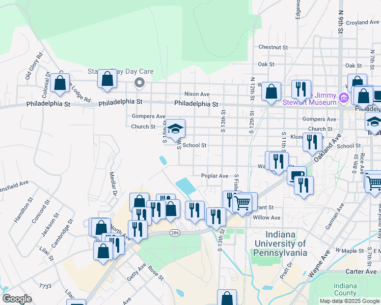 map of restaurants, bars, coffee shops, grocery stores, and more near 250 South 14th Street in Indiana