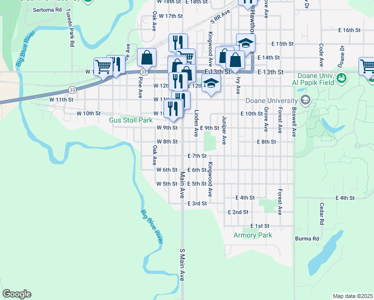 map of restaurants, bars, coffee shops, grocery stores, and more near 704 Main Avenue in Crete