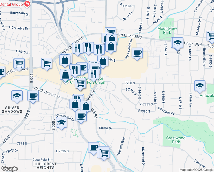map of restaurants, bars, coffee shops, grocery stores, and more near Station Creek Way in Cottonwood Heights