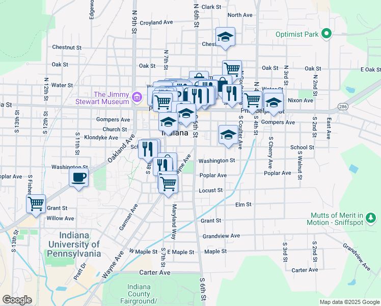 map of restaurants, bars, coffee shops, grocery stores, and more near 621 Wayne Avenue in Indiana