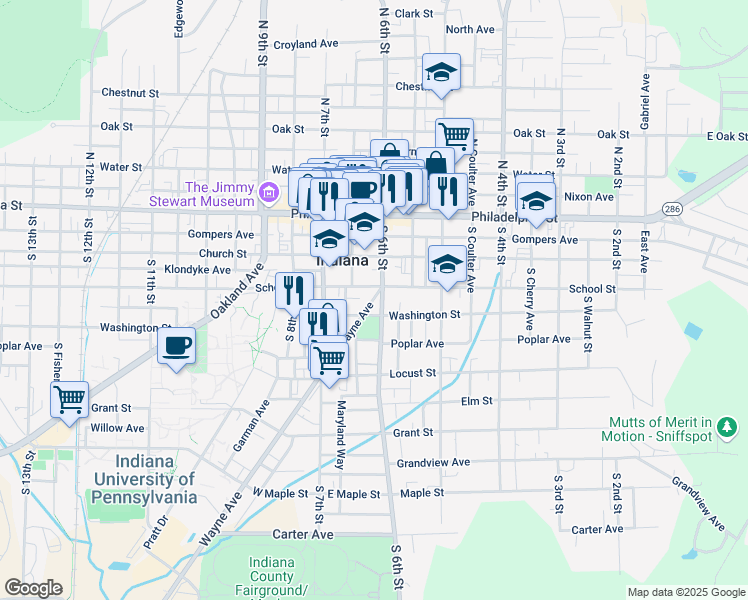 map of restaurants, bars, coffee shops, grocery stores, and more near 621 Wayne Avenue in Indiana
