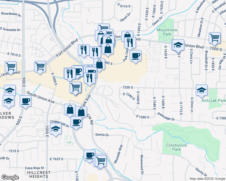 map of restaurants, bars, coffee shops, grocery stores, and more near 1276 East Ridge Meadow Lane in Cottonwood Heights