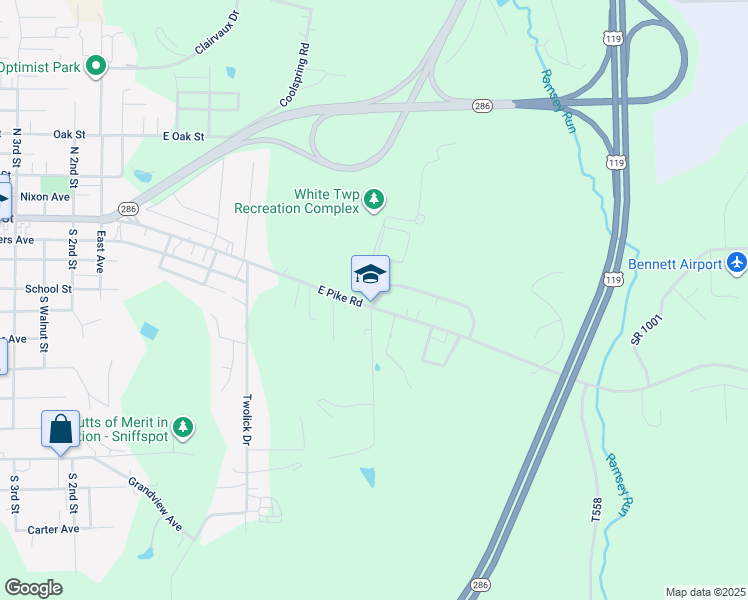 map of restaurants, bars, coffee shops, grocery stores, and more near 501 East Pike Road in Indiana