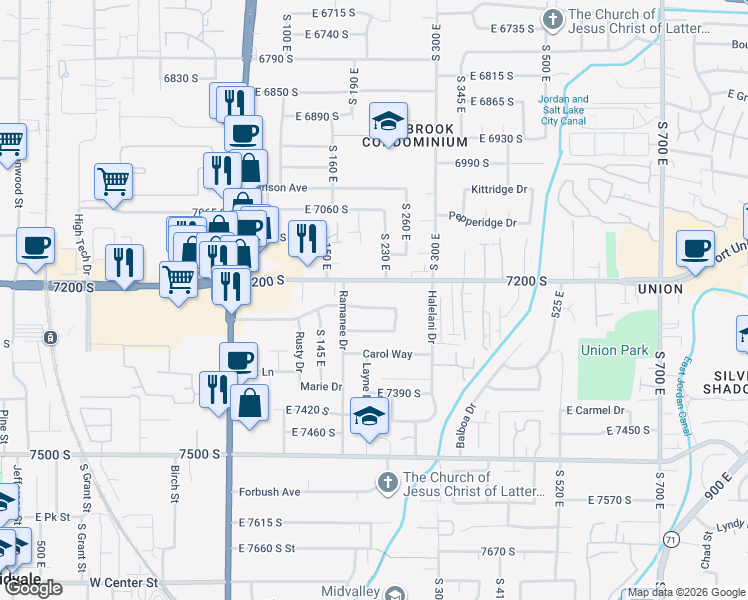 map of restaurants, bars, coffee shops, grocery stores, and more near 201 Nicoletti Drive in Midvale