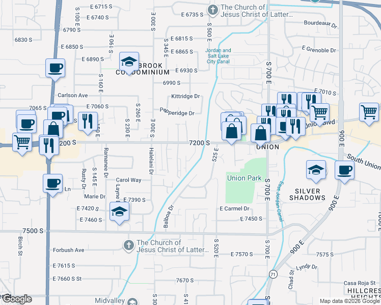 map of restaurants, bars, coffee shops, grocery stores, and more near 7240 Pearl Circle in Midvale