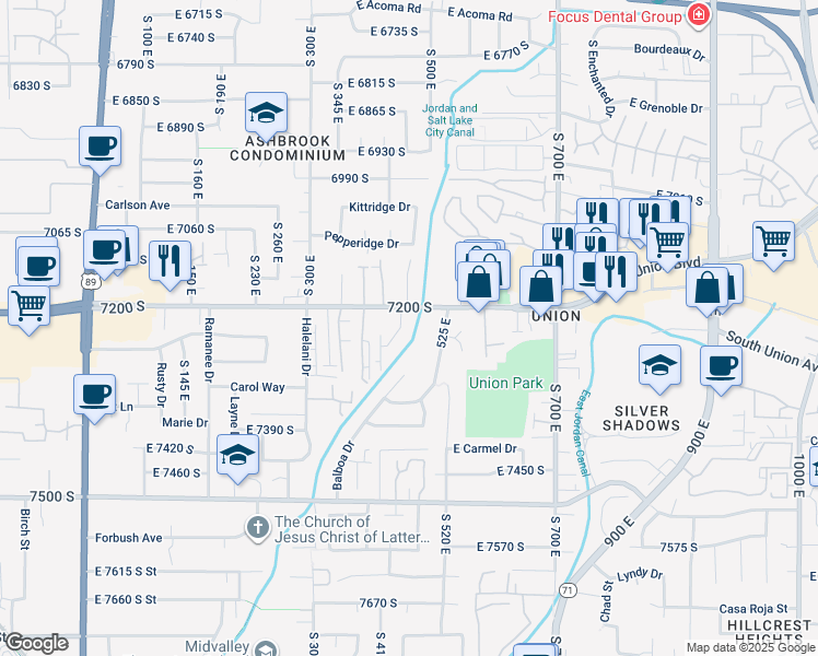 map of restaurants, bars, coffee shops, grocery stores, and more near 7233 Pearl Circle in Midvale