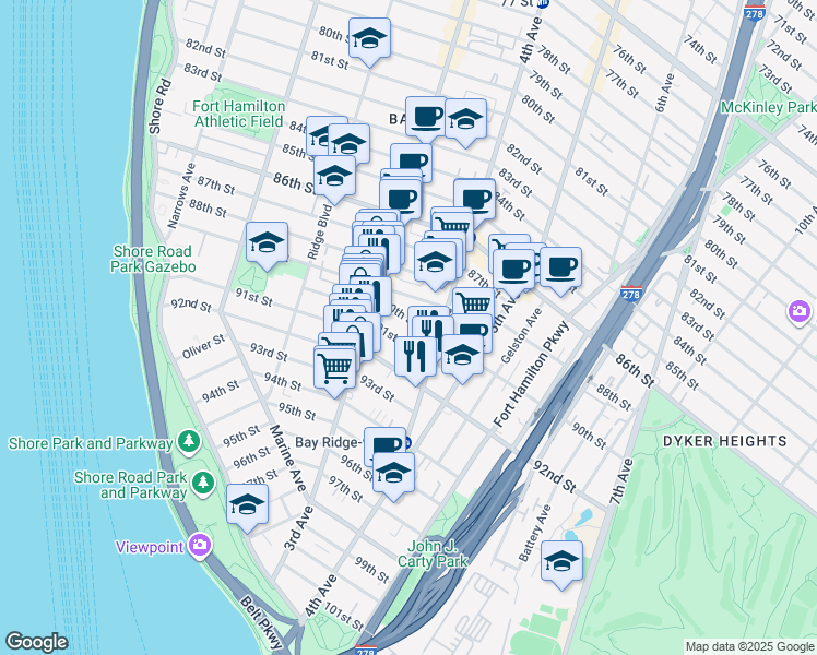 map of restaurants, bars, coffee shops, grocery stores, and more near 345 91st Street in Brooklyn