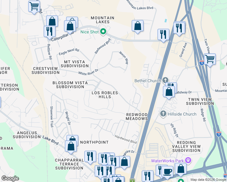 map of restaurants, bars, coffee shops, grocery stores, and more near 878 Redwood Boulevard in Redding