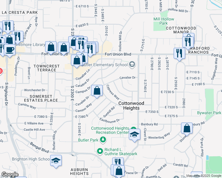 map of restaurants, bars, coffee shops, grocery stores, and more near 7211 Cypress Way in Salt Lake City