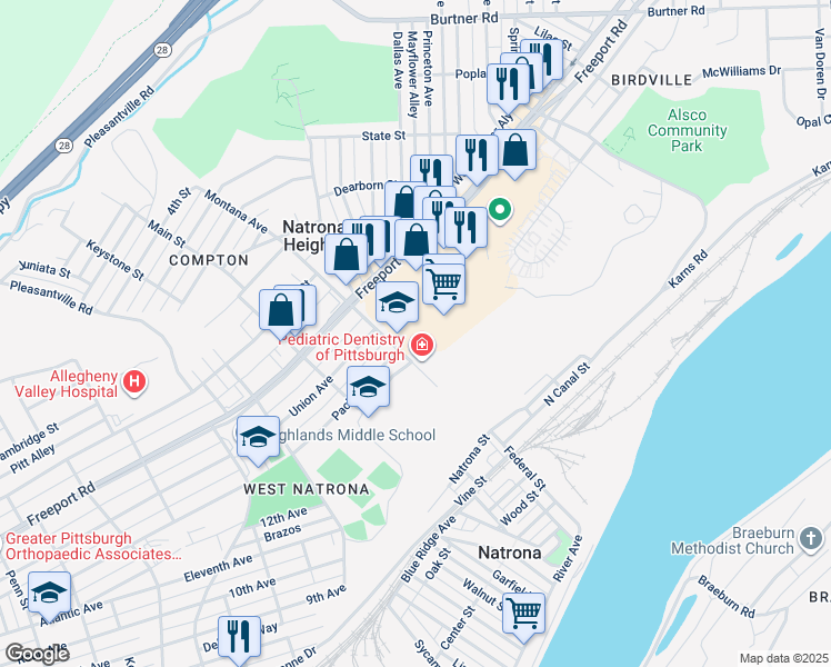map of restaurants, bars, coffee shops, grocery stores, and more near 800 Montana Avenue in Natrona Heights