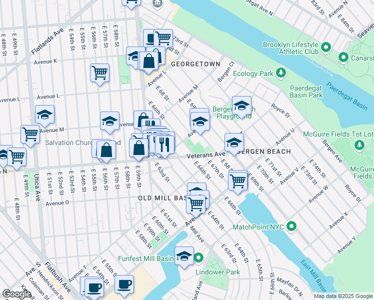 map of restaurants, bars, coffee shops, grocery stores, and more near 1430 East 66th Street in Brooklyn