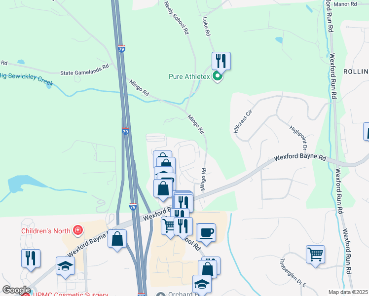 map of restaurants, bars, coffee shops, grocery stores, and more near 348 Marshall Heights Drive in Wexford