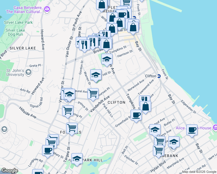 map of restaurants, bars, coffee shops, grocery stores, and more near 51 Coursen Place in Staten Island