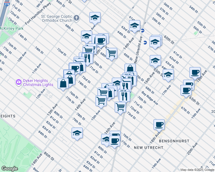 map of restaurants, bars, coffee shops, grocery stores, and more near 1442 72nd Street in Brooklyn
