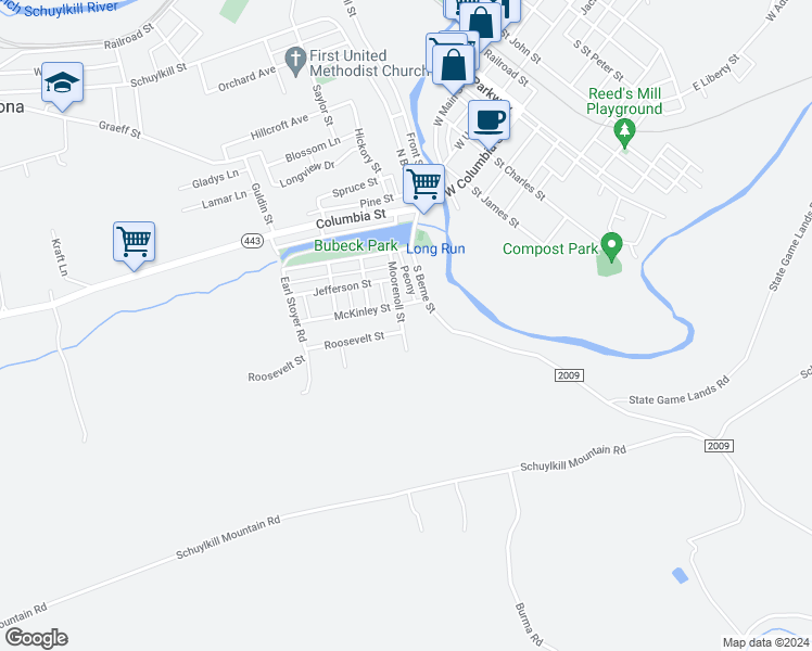 map of restaurants, bars, coffee shops, grocery stores, and more near 120 Moorenoll Street in Schuylkill Haven