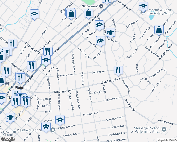 map of restaurants, bars, coffee shops, grocery stores, and more near 1301-05 Putnam Avenue in Plainfield