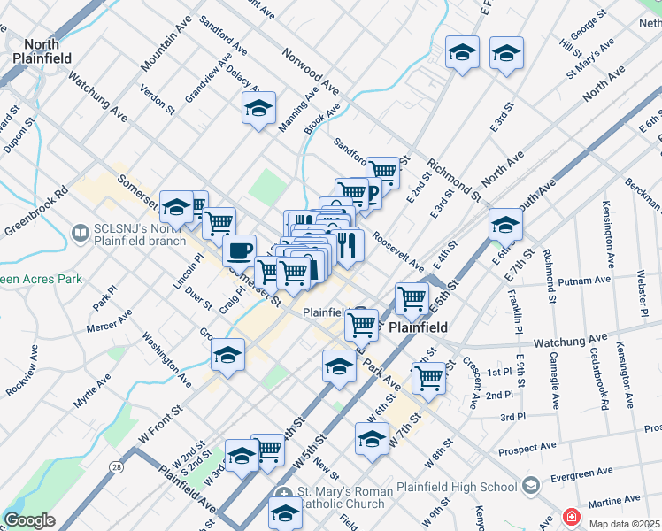 map of restaurants, bars, coffee shops, grocery stores, and more near in Plainfield