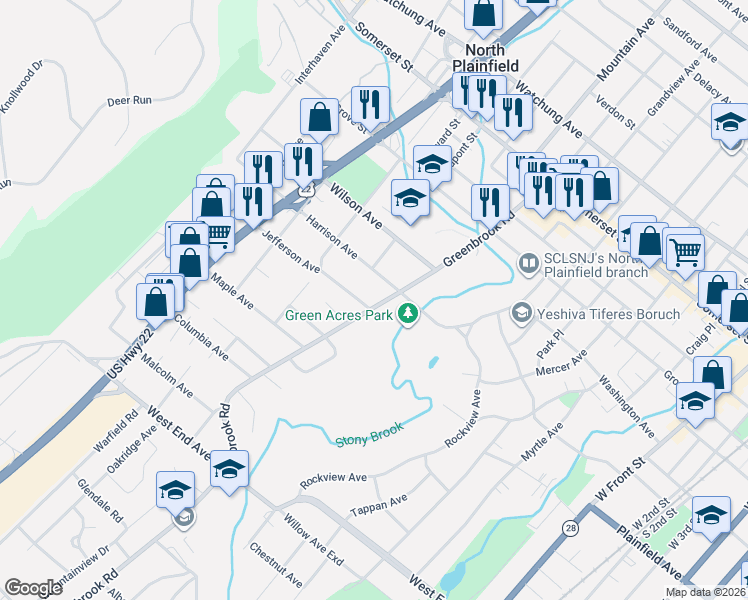 map of restaurants, bars, coffee shops, grocery stores, and more near 182 Greenbrook Road in North Plainfield