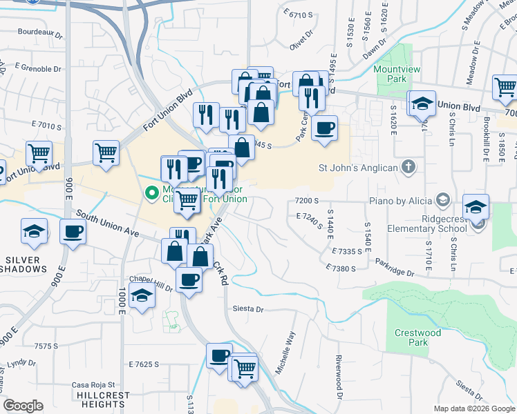map of restaurants, bars, coffee shops, grocery stores, and more near 7193 Station Creek Way in Cottonwood Heights