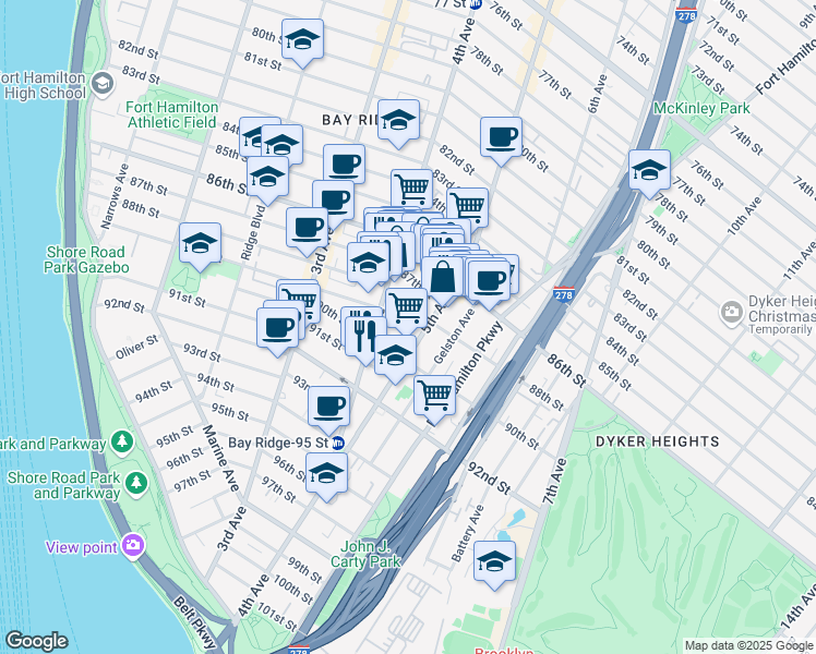 map of restaurants, bars, coffee shops, grocery stores, and more near 428 89th Street in Brooklyn