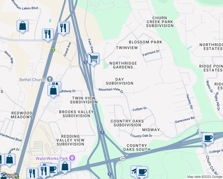 map of restaurants, bars, coffee shops, grocery stores, and more near Mountain View Drive in Redding