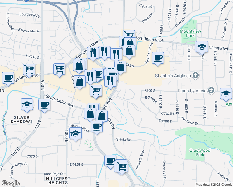 map of restaurants, bars, coffee shops, grocery stores, and more near 7204 Shadow Ridge Drive in Cottonwood Heights