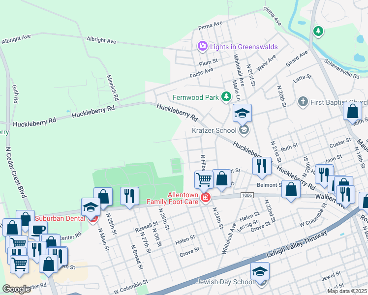 map of restaurants, bars, coffee shops, grocery stores, and more near 1806 Roosevelt Street in Allentown