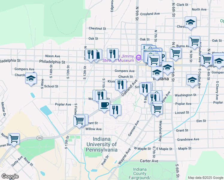 map of restaurants, bars, coffee shops, grocery stores, and more near 1038 School Street in Indiana