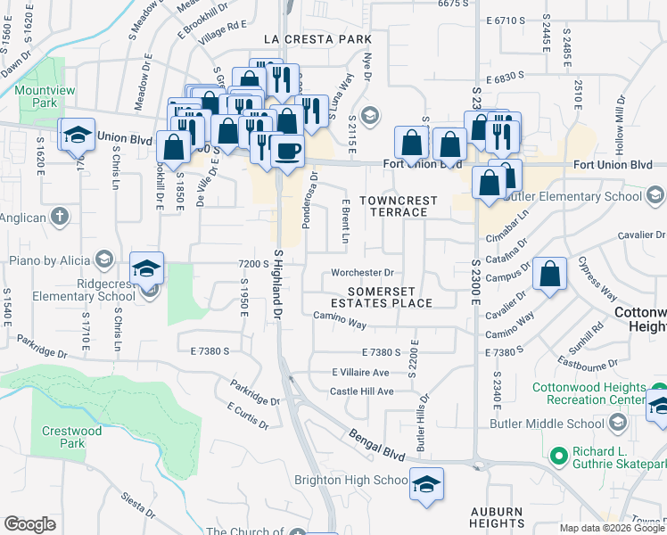 map of restaurants, bars, coffee shops, grocery stores, and more near 2107 Worchester Drive in Cottonwood Heights
