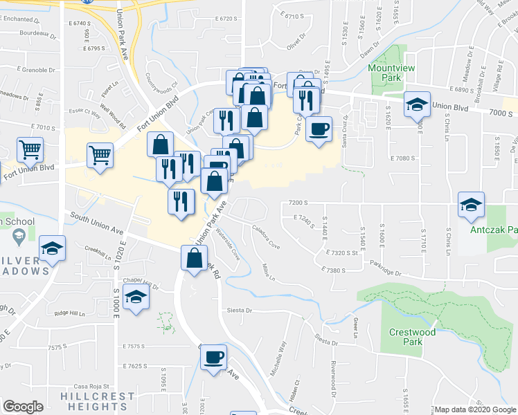 map of restaurants, bars, coffee shops, grocery stores, and more near 1257 Shadow Ridge Drive in Midvale