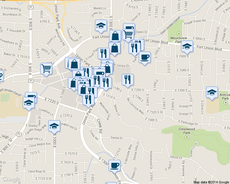 map of restaurants, bars, coffee shops, grocery stores, and more near 1285 Ridge Meadow Lane in Midvale