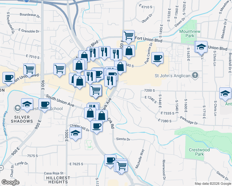 map of restaurants, bars, coffee shops, grocery stores, and more near 7206 Union Park Avenue in Midvale