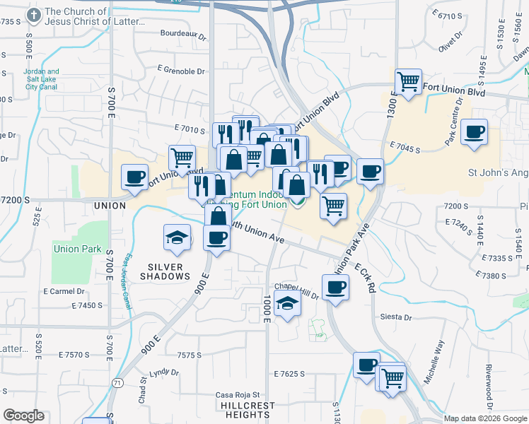 map of restaurants, bars, coffee shops, grocery stores, and more near 985 East 7240 South in Midvale