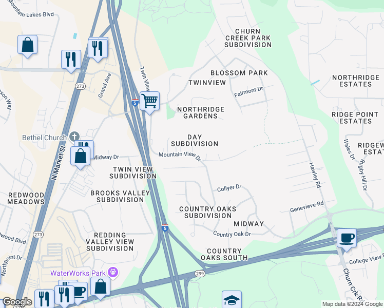 map of restaurants, bars, coffee shops, grocery stores, and more near 5719 Mountain View Drive in Redding