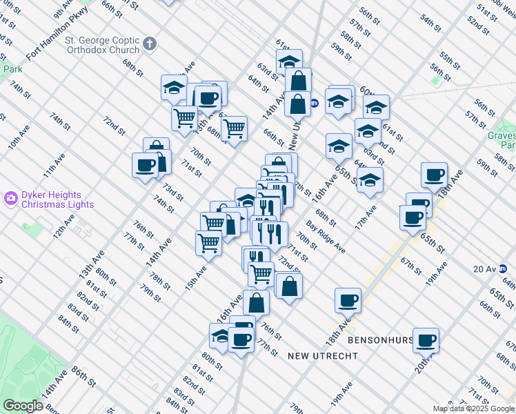 map of restaurants, bars, coffee shops, grocery stores, and more near 1518 70th Street in Brooklyn
